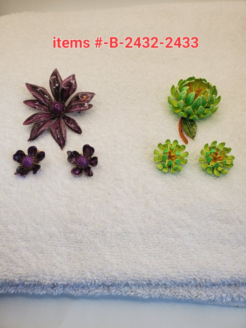 2 Brooches w/m clip on Earrings, items # B -2432-2433,. wt. 65 grams.